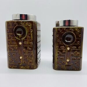 PIER 1 SET OF TWO BROWN GLAZED STONEWARE CANISTERS